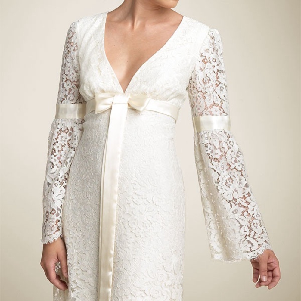 ABS by Allen Schwartz Vintage Style ivory lace v-neck dress with bow..